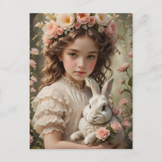 Easter Magic - Girl with Flower Crown and Bunny Holiday Postcard