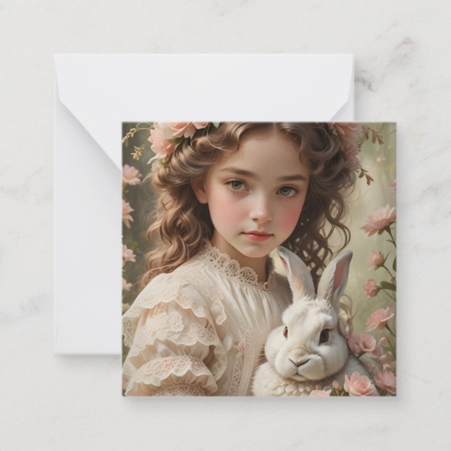 Easter Magic - Girl with Flower Crown and Bunny Note Card (Front)