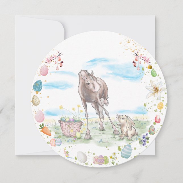 Easter map with horse and Easter bunny, greeting c Holiday Card (Front)
