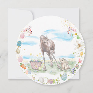 Easter map with horse and Easter bunny, greeting c Holiday Card