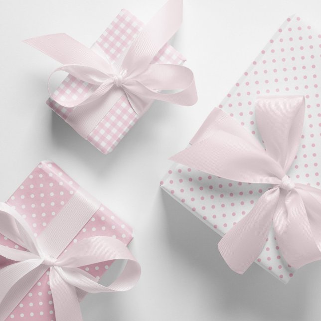 Easter Mix and Match Gift Wrap in Baby Pink (Baby pink and white polka dots and gingham checks pattern mix and match wrapping paper sheets.)