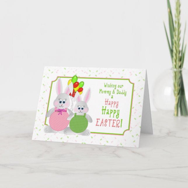 Easter -  Mommy & Daddy - Bunnies & Balloons Holiday Card (Front)