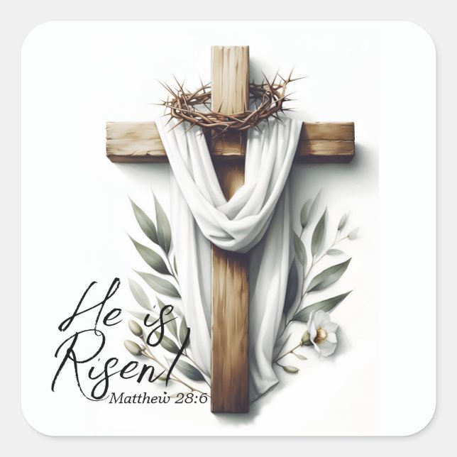 Easter Morning Cross with Crown of Thorns  Square Sticker (Front)