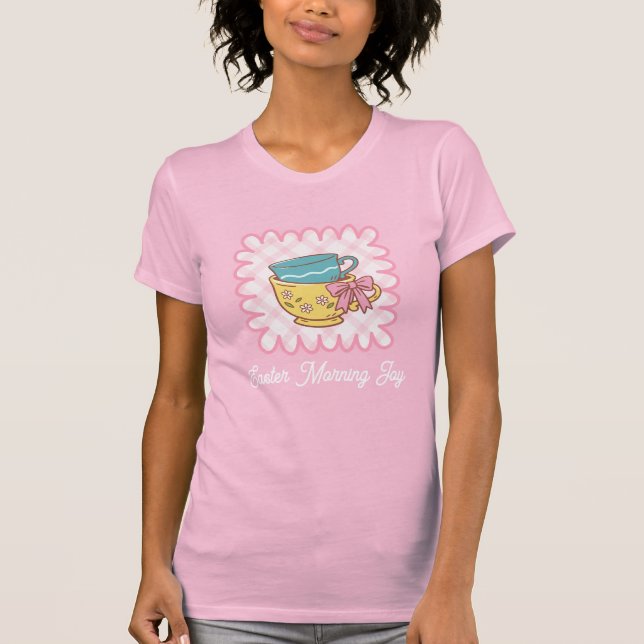 Easter Morning Joy Teacups Cute Gingham  T-Shirt (Front)