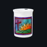 Easter Morning Pitcher<br><div class="desc">A stained-glass design illustrating Easter morning,  with a red cross standing on green hills beside a fiery sunrise.</div>