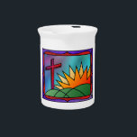 Easter Morning Pitcher<br><div class="desc">A stained-glass design illustrating Easter morning,  with a red cross standing on green hills beside a fiery sunrise.</div>