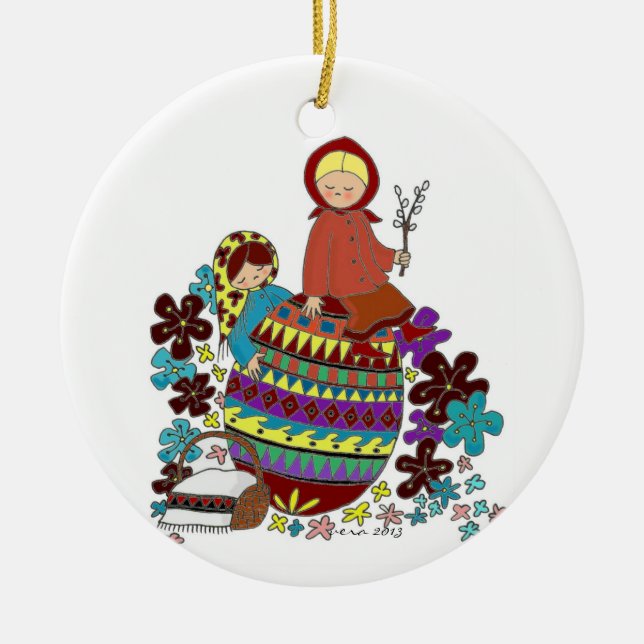 Easter Morning Pysanka Ukrainian Folk Art Ceramic Ornament (Front)