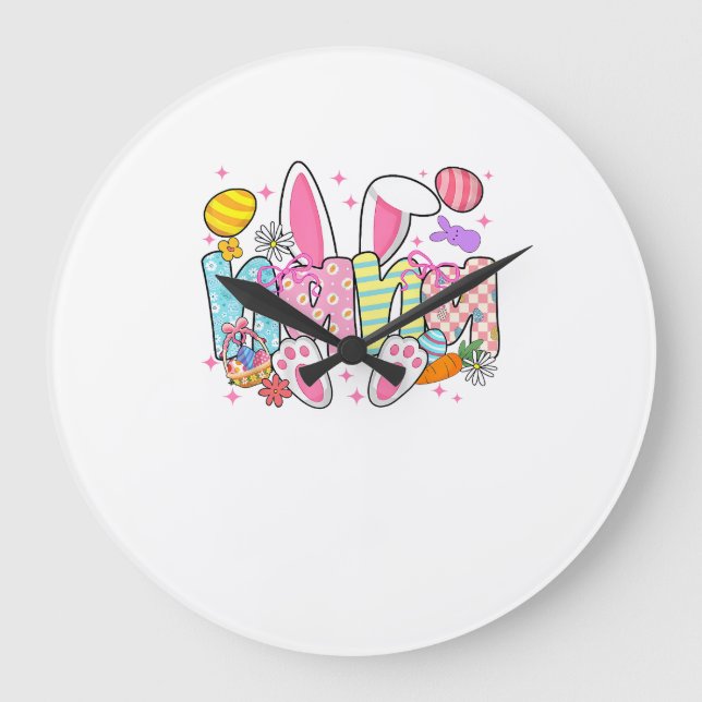 Easter Nana Bunny Ears Coquette Bow Easter Rabbit  Large Clock (Front)