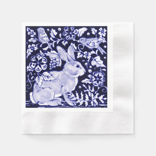 Easter Navy Blue & White Rabbit Bunny Bird Floral Napkins (Front)