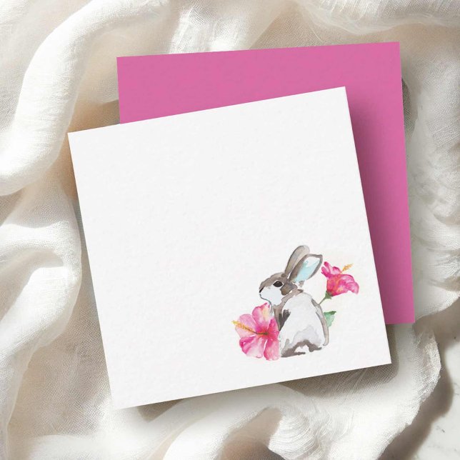 Easter Note Cards Cute Watercolor Bunny Rabbit (Watercolor bunny notecards with pink hibiscus flower art by Victoria Grigaliunas of Do Tell A Belle)