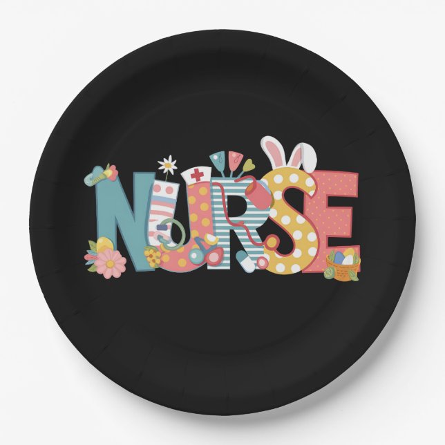 Easter Nurse Stethoscope Bunny Rabbit Eggs Paper Plates (Front)