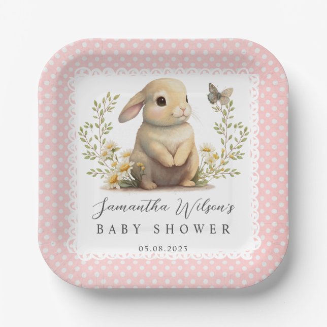Easter Oh Baby Bunny Spring Girl Baby Shower Paper Plates (Front)