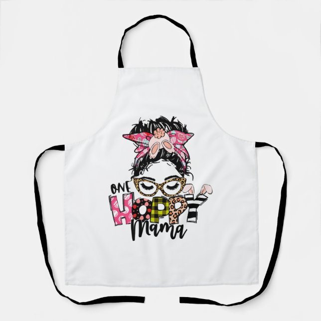 Easter One Hoppy Mama Messy Bun Mom Bunny Leopard Apron (Front)