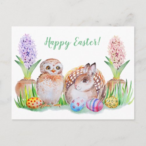 Easter Owl and Baby Bunny art Holiday Postcard