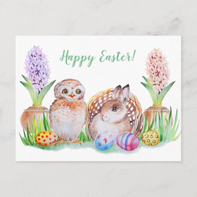 Easter Owl and Baby Bunny art Holiday Postcard (Front)
