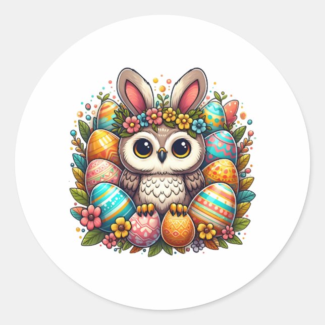 Easter owl with bunny ears   classic round sticker (Front)