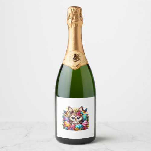 Easter owl with bunny ears sparkling wine label