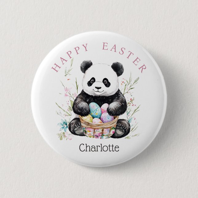 Easter panda bear watercolor floral  button (Front)