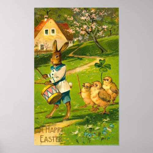 Easter Parade With Rabbit  Chicks Vintage Poster