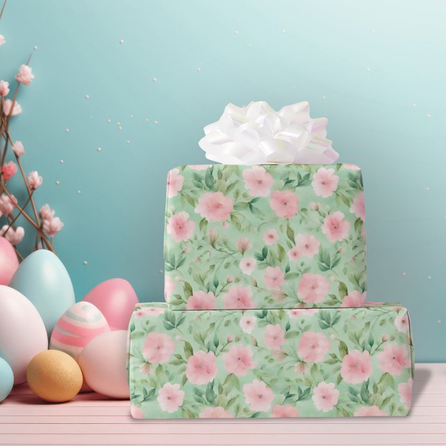 Easter Pastel Pink & Green Florals Wrapping Paper (Creator Uploaded)