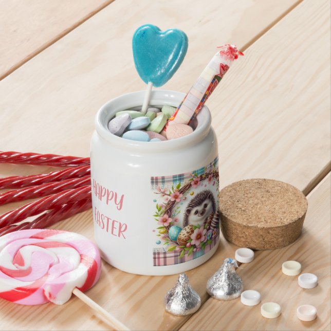Easter Pastel Plaid Cute Baby Hedgehog Candy Jar (In Situ)