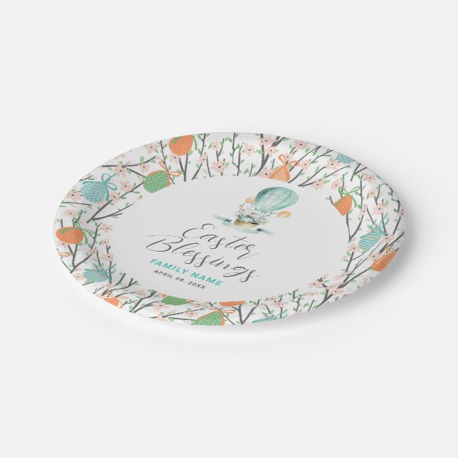 Easter pattern, bunny in a balloon, custom text paper plates (Angled)