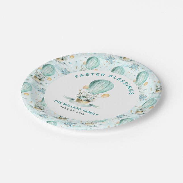 Easter pattern, bunny in a balloon, custom text paper plates (Angled)