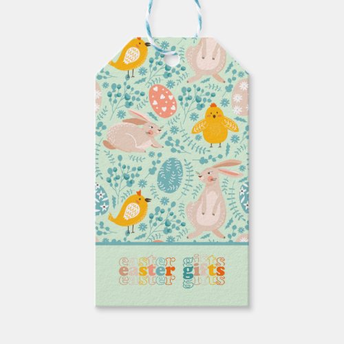 Easter pattern with eggs bunny chick flowers  gift tags