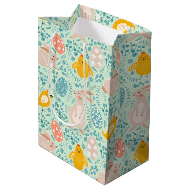 Easter pattern with eggs, bunny, chick, flowers  medium gift bag (Back Angled)