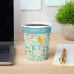 Easter pattern with eggs, bunny, chick, flowers paper cups