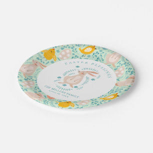 Easter pattern with eggs, bunny, chick, flowers paper plates