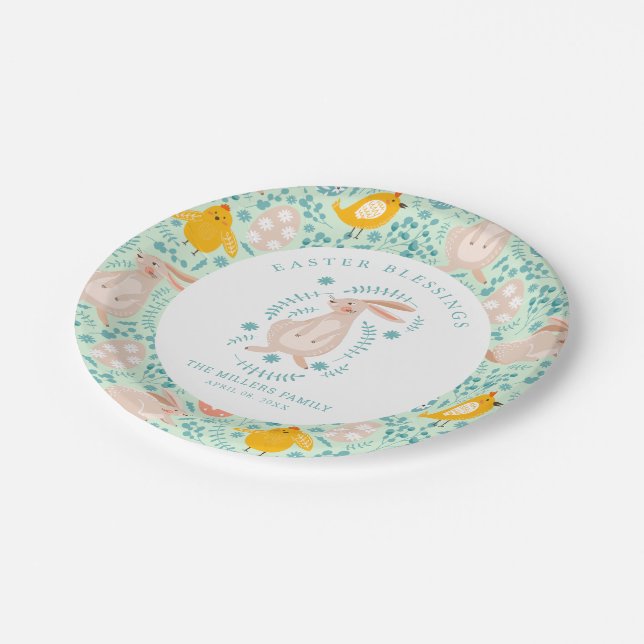 Easter pattern with eggs, bunny, chick, flowers  paper plates (Angled)