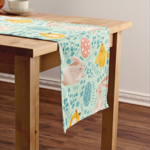 Easter pattern with eggs bunny chick flowers  short table runner