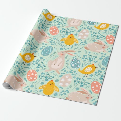 Easter pattern with eggs bunny chick flowers  wrapping paper