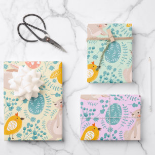 Easter pattern with eggs, bunny, chick, flowers  wrapping paper sheets