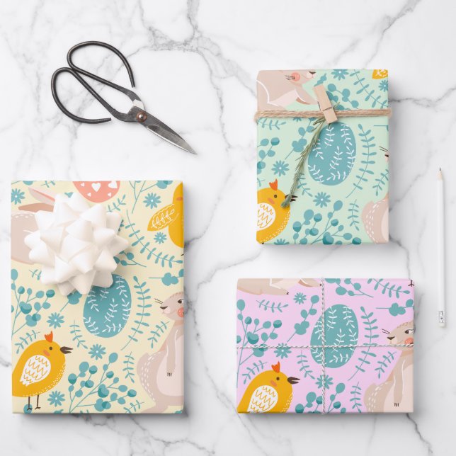 Easter pattern with eggs, bunny, chick, flowers  wrapping paper sheets (Front)