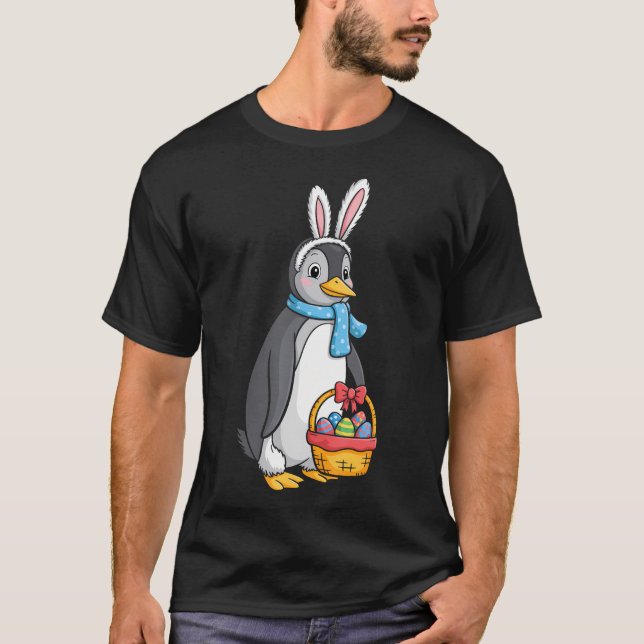 Easter Penguin Bunny Eggs Basket Cute T-Shirt (Front)