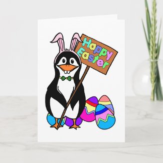Easter Penguin with Colored Eggs Holiday Card