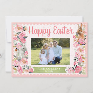 Easter Photo Family with Bunny Floral Pink Card