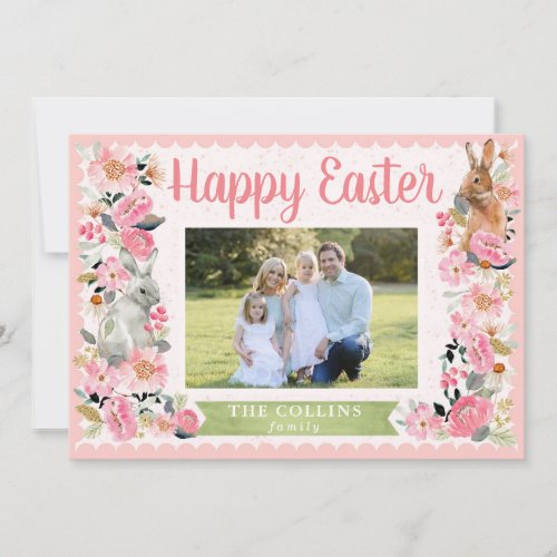 Easter Photo Family with Bunny Floral Pink Card