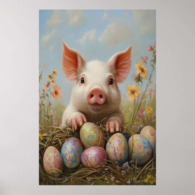 Easter Pig Print, Farmhouse Spring Pastel Nursery Poster (Front)