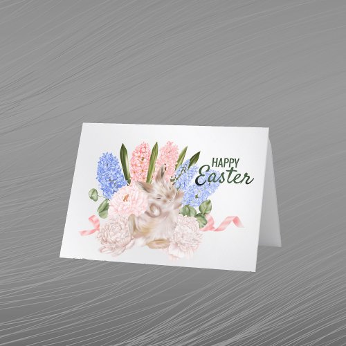 Easter Pink Blue Rabbit Floral Holiday Card