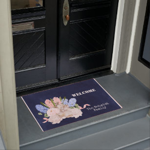 Easter Pink Blue Rabbit Floral Spring Customizable Doormat