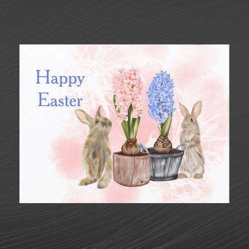 Easter Pink Blue Rabbits Floral Basket Holiday Postcard