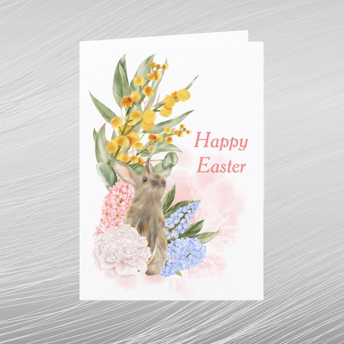 Easter Pink Blue Yellow Rabbit Floral  Holiday Card