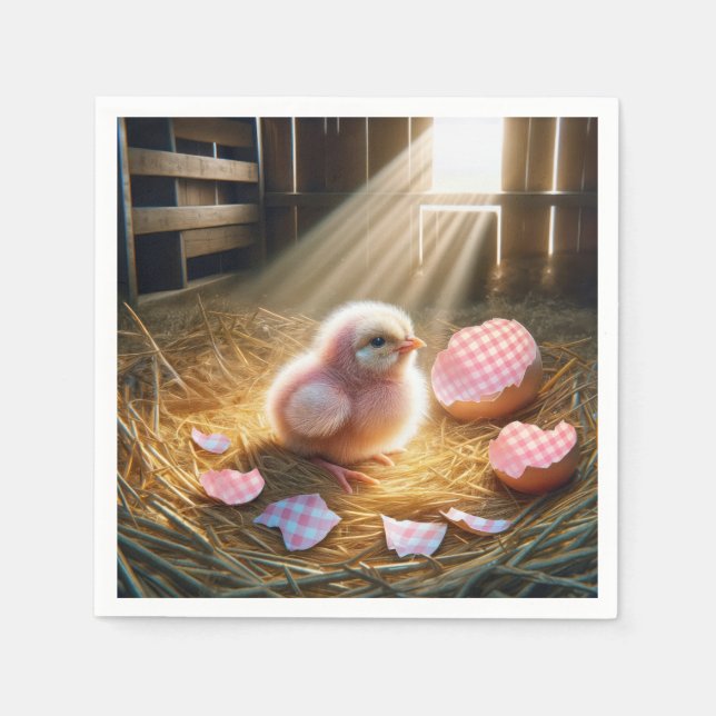 Easter Pink Chick With Gingham Eggshell Napkins (Front)
