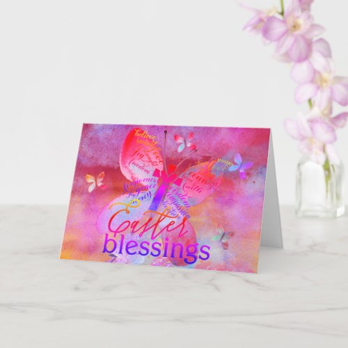 Easter pink purple watercolor butterfly cross card