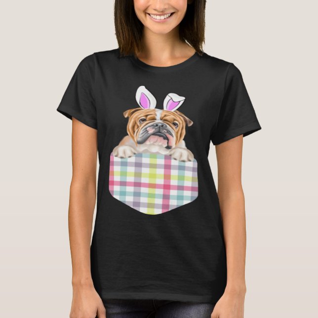 Easter Plaid Bulldog Bunny Dog In Pocket T-Shirt (Front)