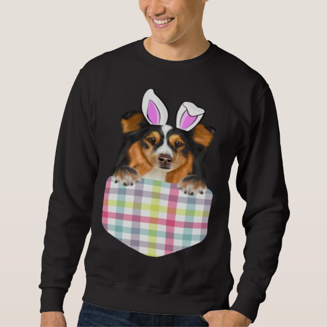 Easter Plaid Shetland Sheepdog Bunny Dog In Pocket Sweatshirt (Front)