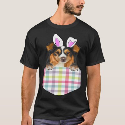 Easter Plaid Shetland Sheepdog Bunny Dog In Pocket T-Shirt